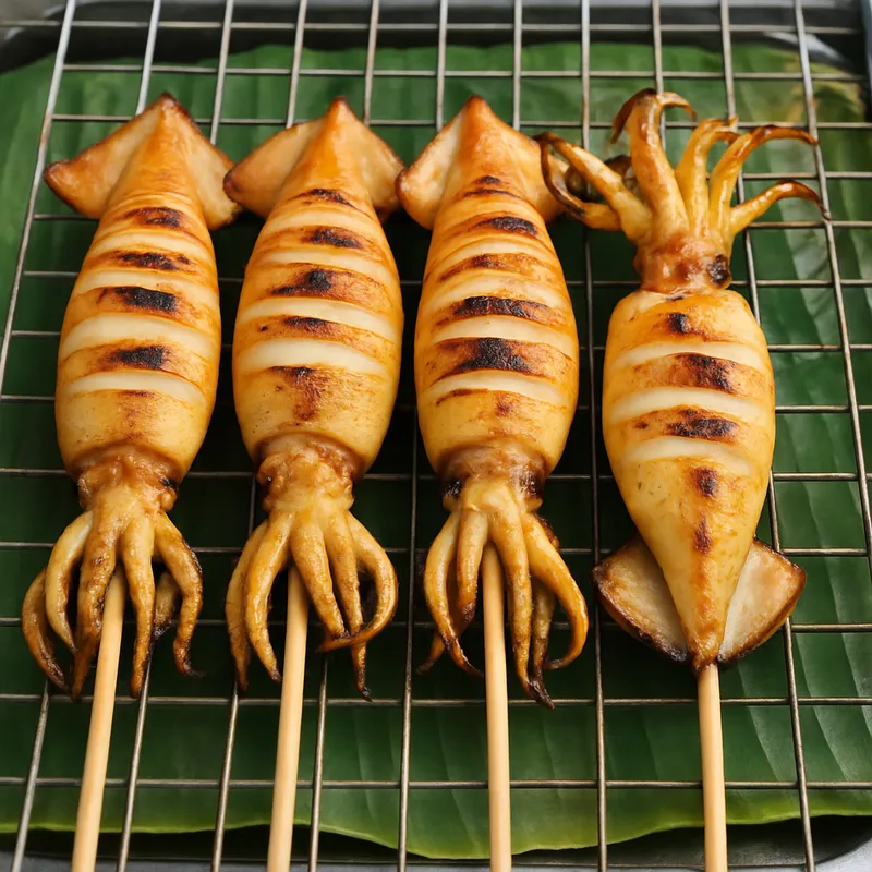 Pla Meuk Ping (Gegrillter Tintenfisch am Spieß)