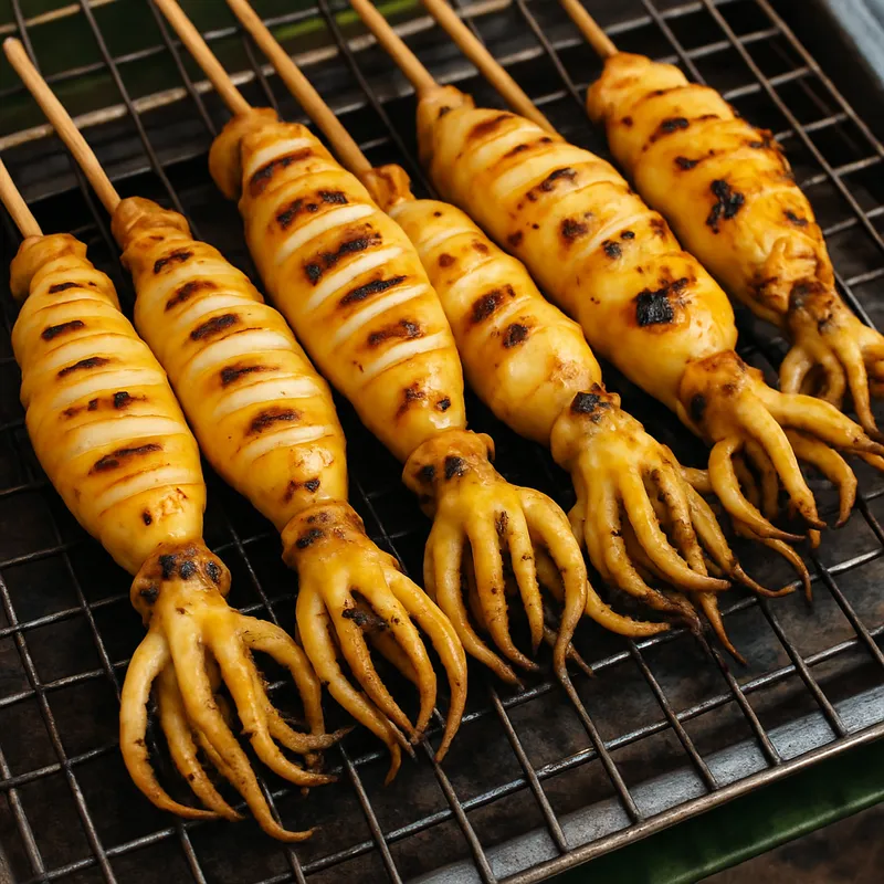 Pla Meuk Yang (Gegrillter Tintenfisch am Spieß)