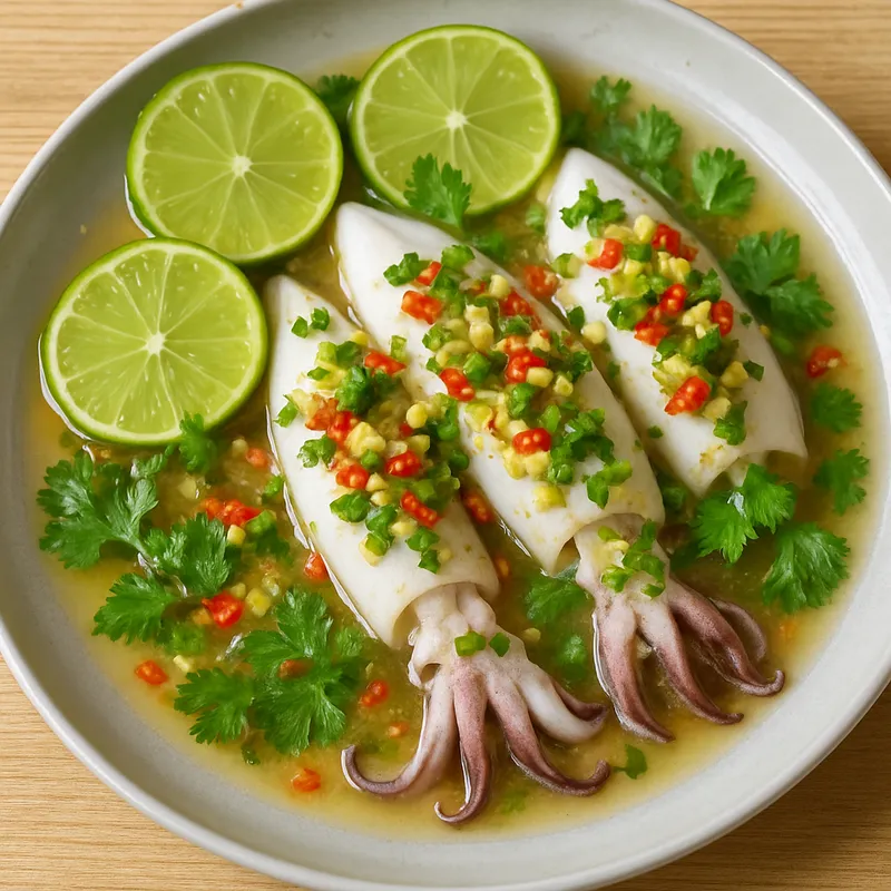 Pla Muek Neung Manao (Gedämpfter Tintenfisch mit Limette)