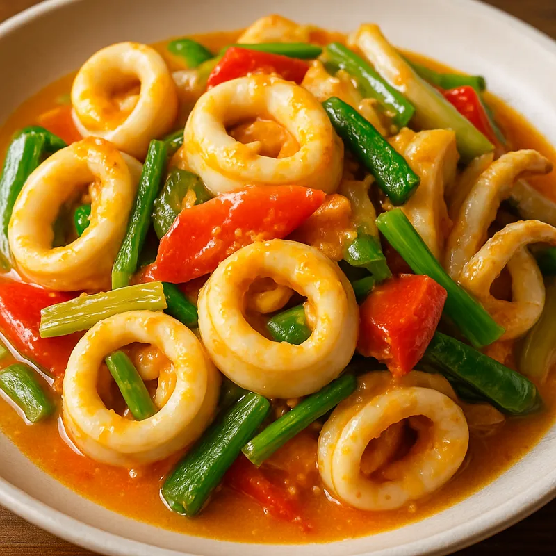 Pla Muek Pad Khai Kem (Tintenfisch mit Salzei)