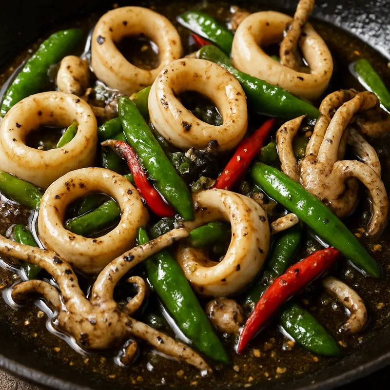 Pla Muek Pad Prik Thai Dam (Tintenfisch mit schwarzem Pfeffer)