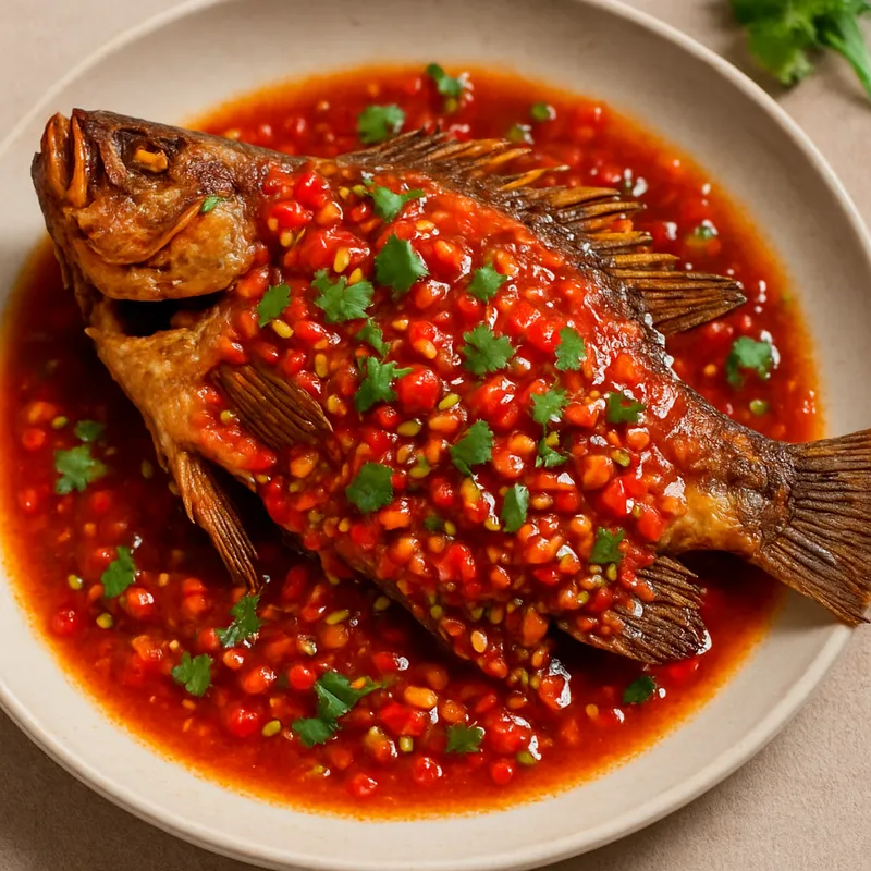 Pla Rad Prik (Frittierter Fisch mit Chilisauce)