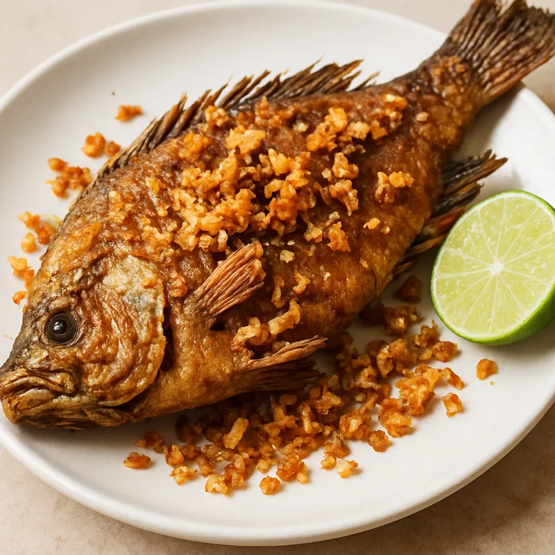 Pla Thod Namsakorn (Knusprig gebratener Fisch mit Knoblauch)