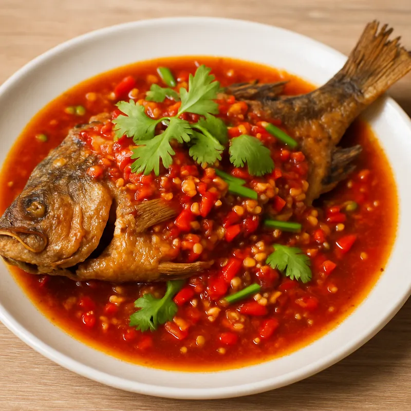 Pla Thod Rad Prik (Gebratener Fisch mit Chilisauce)