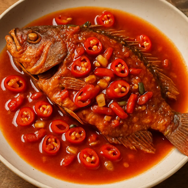 Pla Thod Rad Prik (Südthailändischer gebratener Fisch mit Chilisauce)