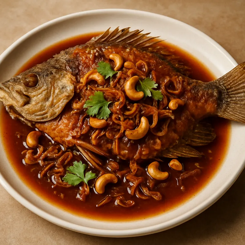 Pla Thod Rad Sauce Makhaam (Gebratener Fisch mit Tamarindensauce)