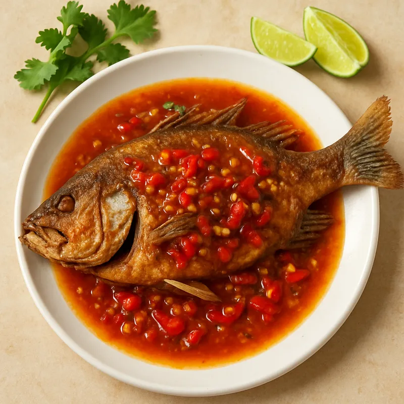Pla Tod Rad Prik (Klassischer gebratener Fisch mit Chilisauce)