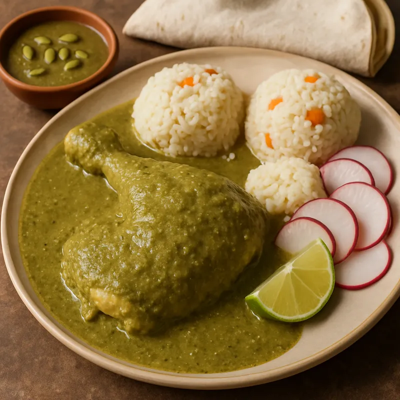Pollo en Pipian Verde (Hähnchen in grüner Kürbiskernsoße)