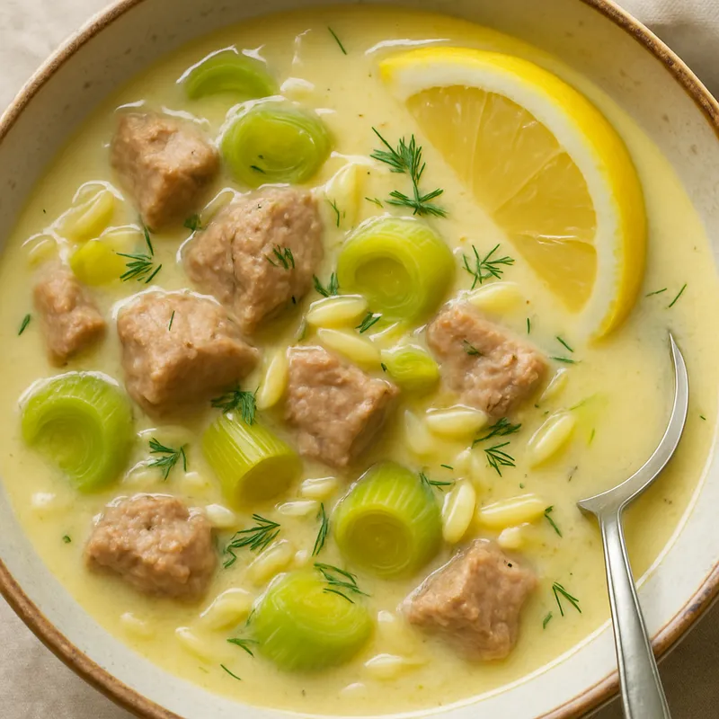 Schweinefleisch-Lauch-Eintopf Avgolemono (Griechische Zitroneneiersuppe)