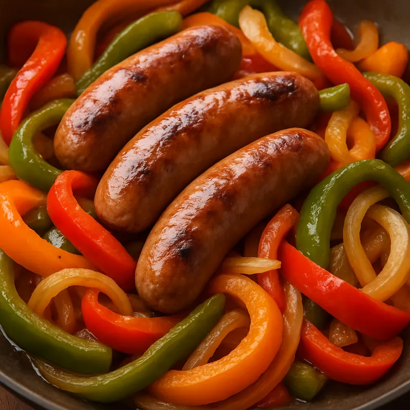 Schweinswurst mit Paprika und Zwiebeln