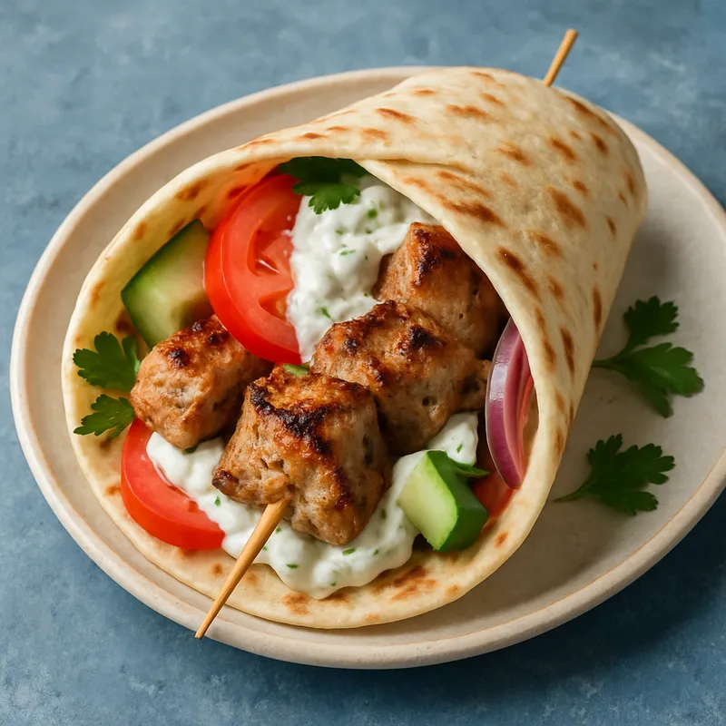 Schweinefleisch-Souvlaki-Wrap mit Tzatziki