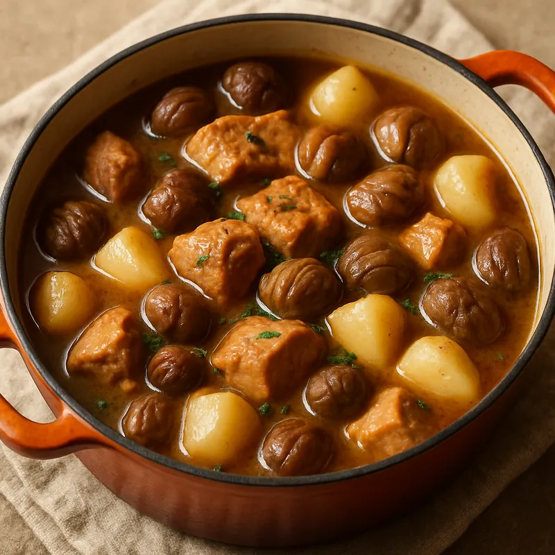 Schweinefleischeintopf mit Kastanien und Rüben
