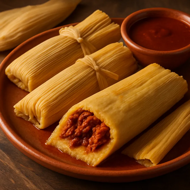 Schweine-Tamales mit roter Chilisauce