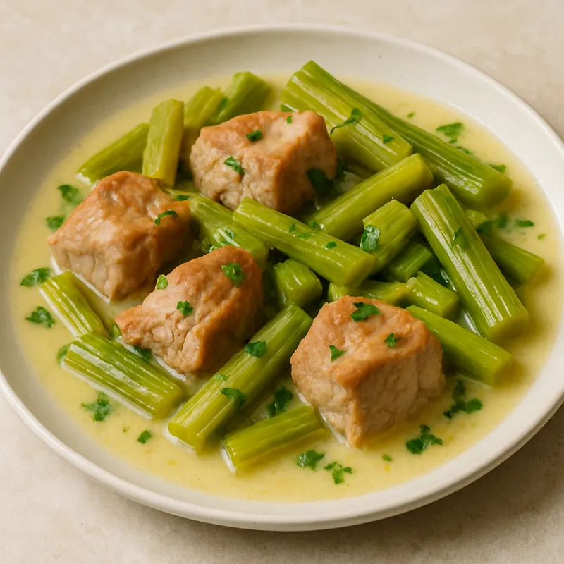 Schweinefleisch mit Sellerie und Avgolemono-Sauce