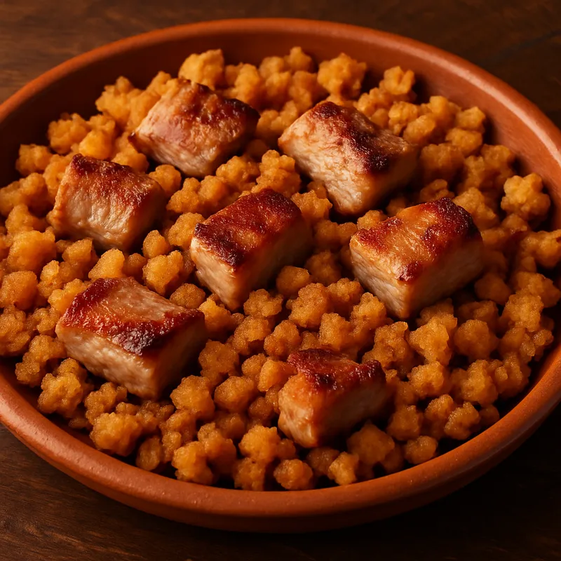 Schweinefleisch mit Migas (Spanische gebratene Brotkrumen mit Schweinefleisch)