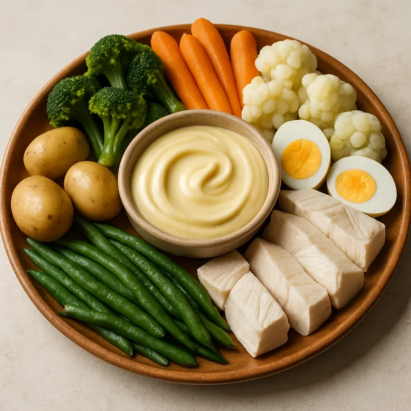 Provenzalisches Grand Aïoli (Traditionelle provenzalische Knoblauchmayonnaise mit Gemüse und Fisch)