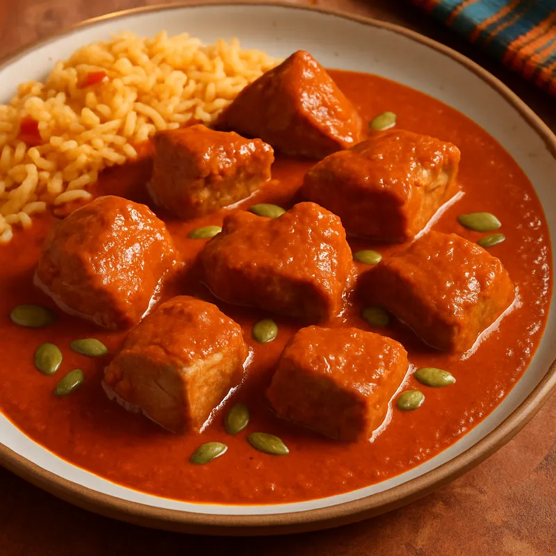 Puerco en Pipián Rojo (Schweinefleisch in roter Kürbiskern-Sauce)
