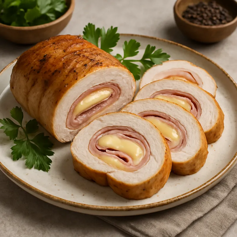 Putenbrustrolle mit Schinken und Käse