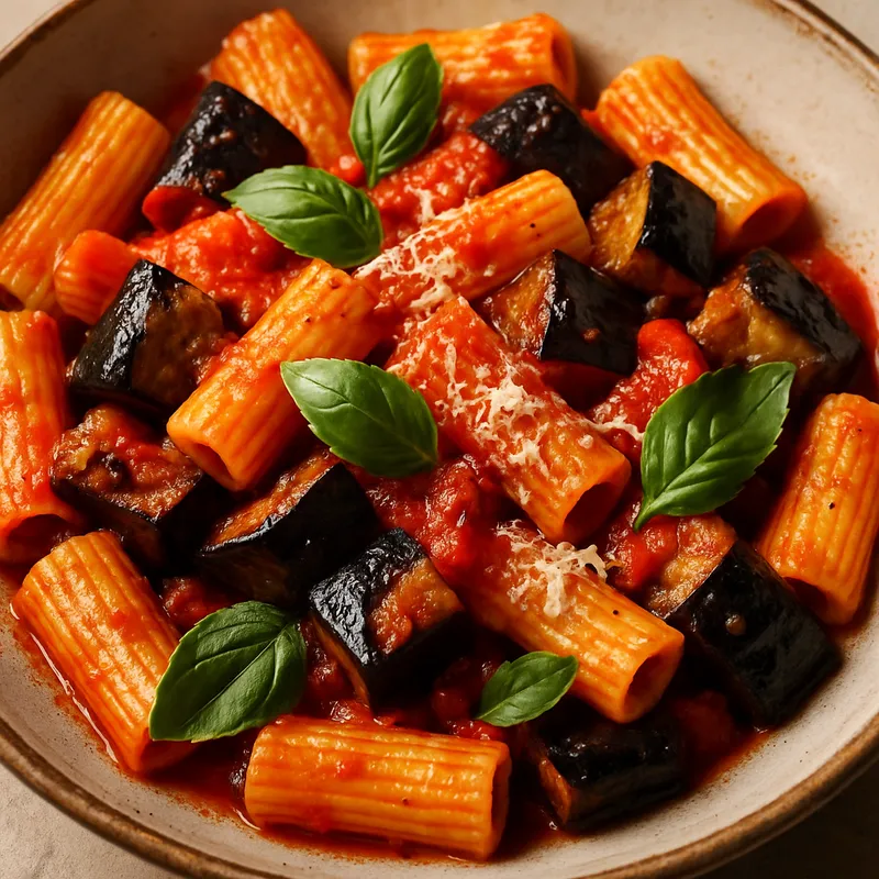Rigatoni alla Norma (Rigatoni mit Aubergine und Tomatensauce)