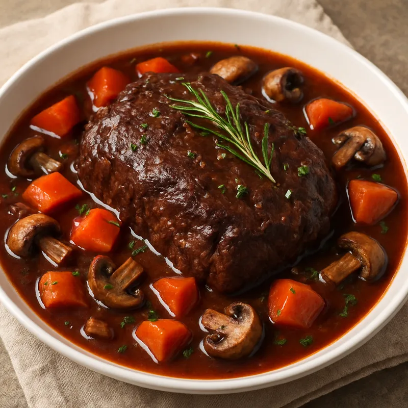 Rindfleisch in Rotwein geschmort