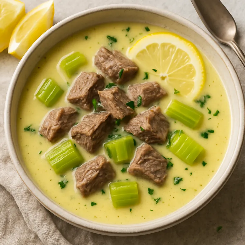 Rindfleisch mit Sellerie Avgolemono (Griechische Zitronen-Ei-Suppe)