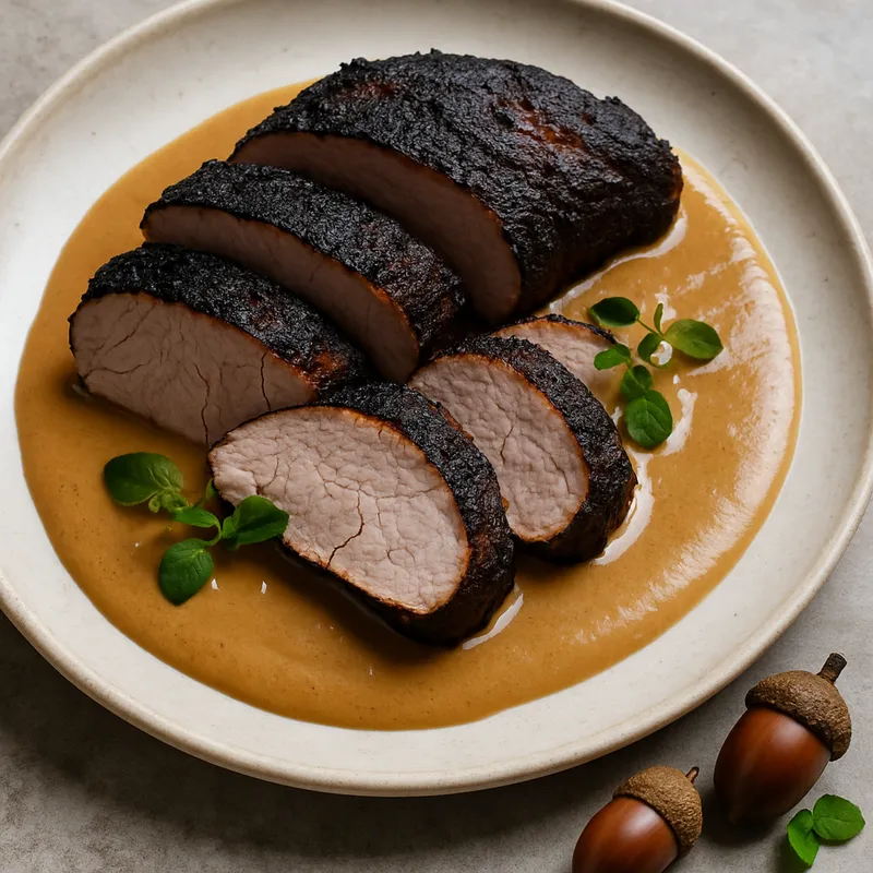Schwarzes Schweinefilet mit Eichelsoße