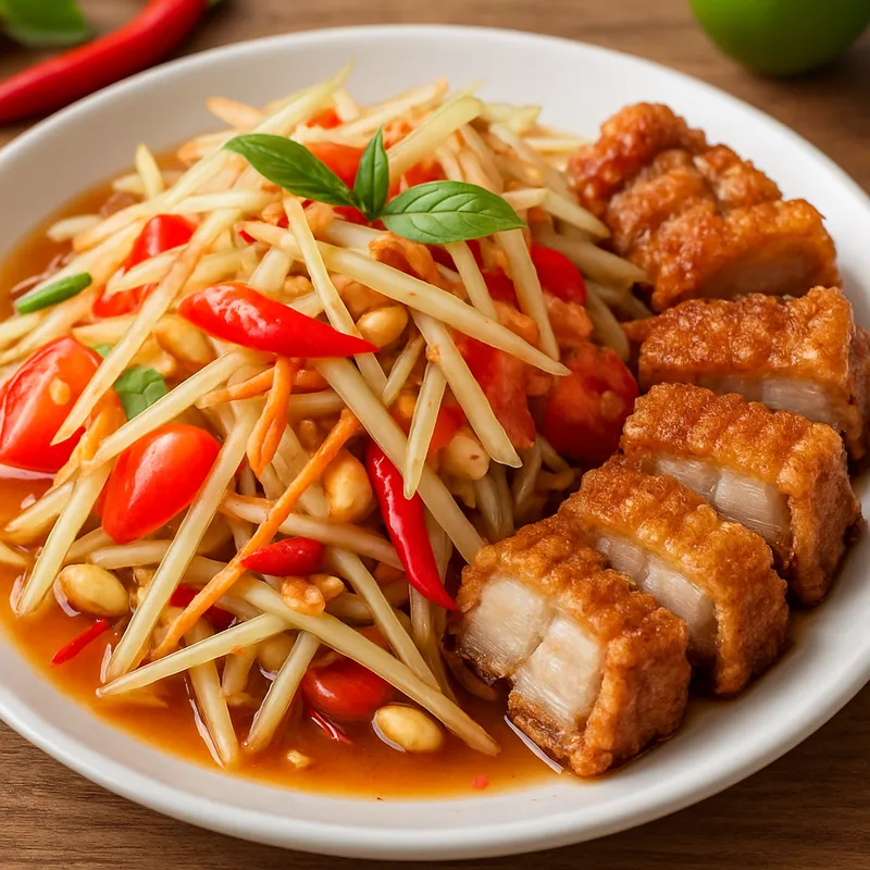 Som Tam Moo Krop (Papayasalat mit knusprigem Schweinefleisch)