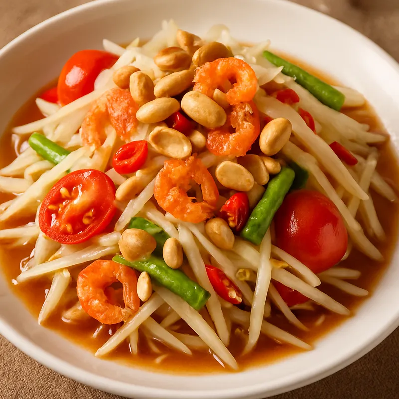 Som Tam (Thailändischer Papayasalat mit Erdnüssen und getrockneten Garnelen)