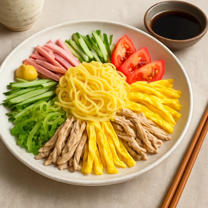 Sommerliche Hiyashi Chuka Platte (Kalte Nudeln auf chinesische Art)