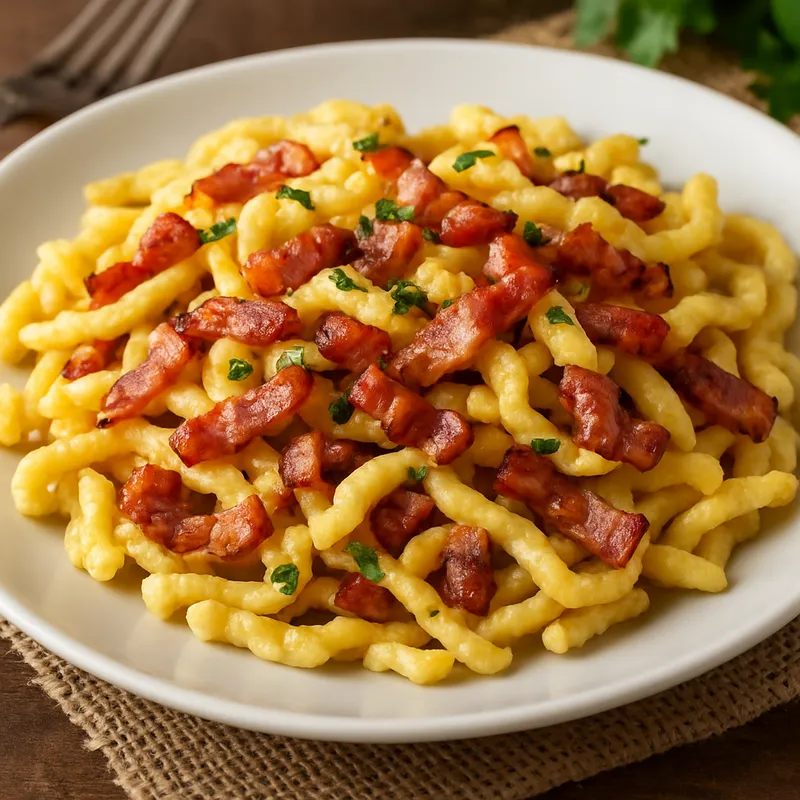 Spätzle mit Speck (Deutsche Eiernudeln mit Speck)