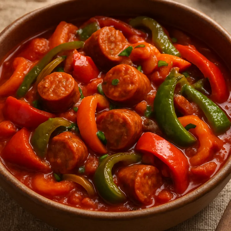 Spetsofai (Wurst-Paprika-Eintopf)