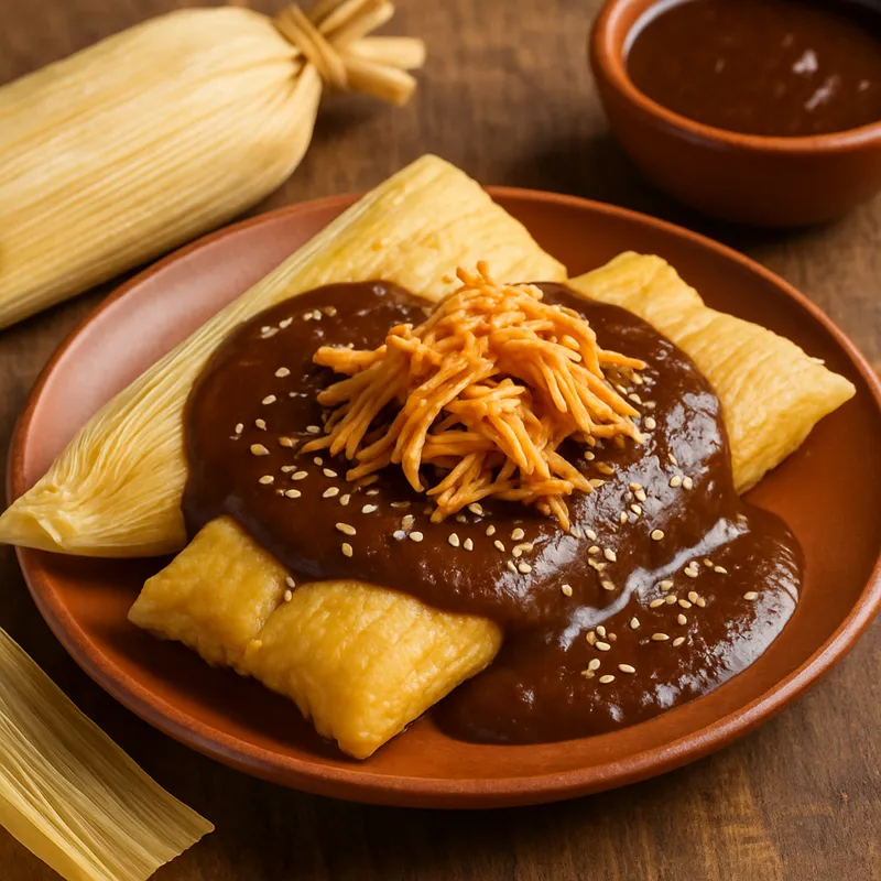Tamales mit Mole und Hähnchen