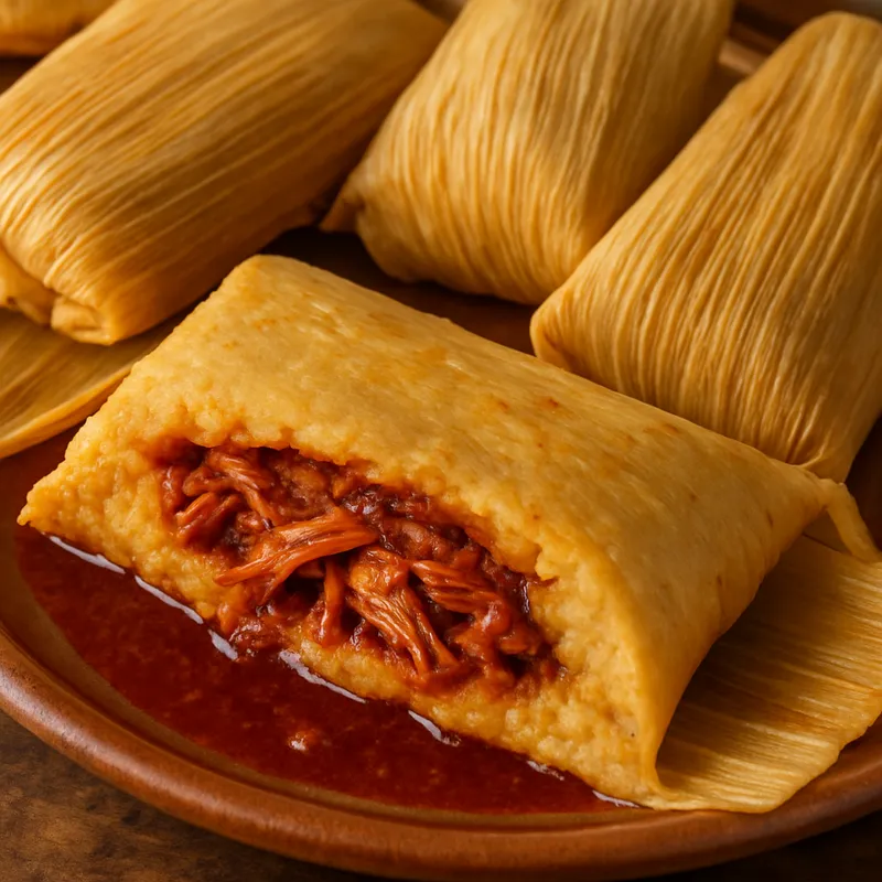 Tamales mit Schweinefleisch und roter Chilisauce
