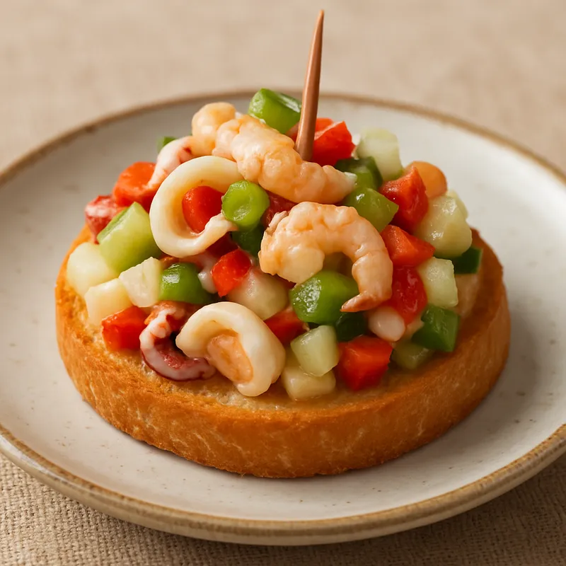 Tapa mit Meeresfrüchte-Salpicón (Meeresfrüchte-Salat-Tapa)