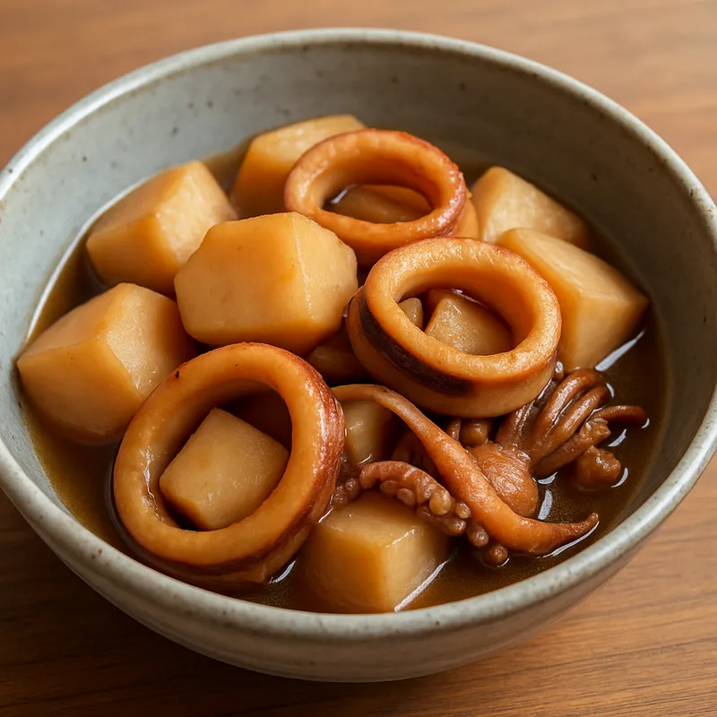 Taro und Tintenfisch Nimono (Geschmorter Taro und Tintenfisch)