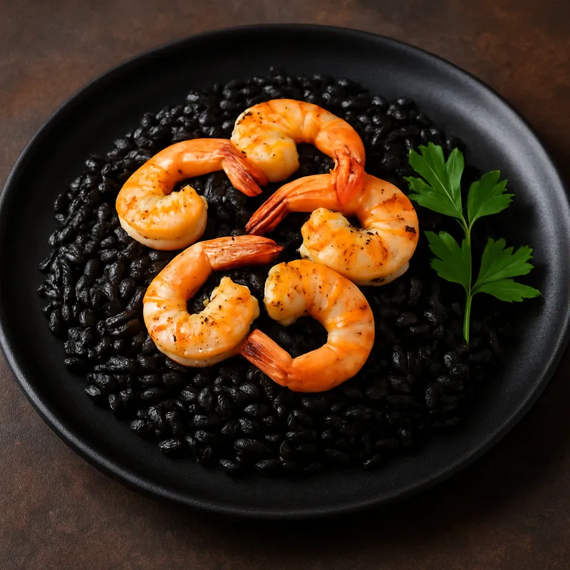 Tintenfischtinte-Reis mit Garnelen