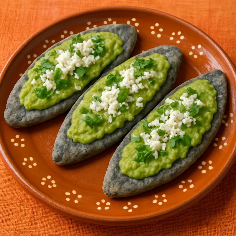 Tlacoyos de Haba (Mit Saubohnen gefüllte Maismehlkuchen)