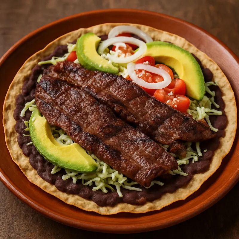 Tlayuda mit Tasajo (Oaxacanischer offener Taco mit gegrilltem Rindfleisch)