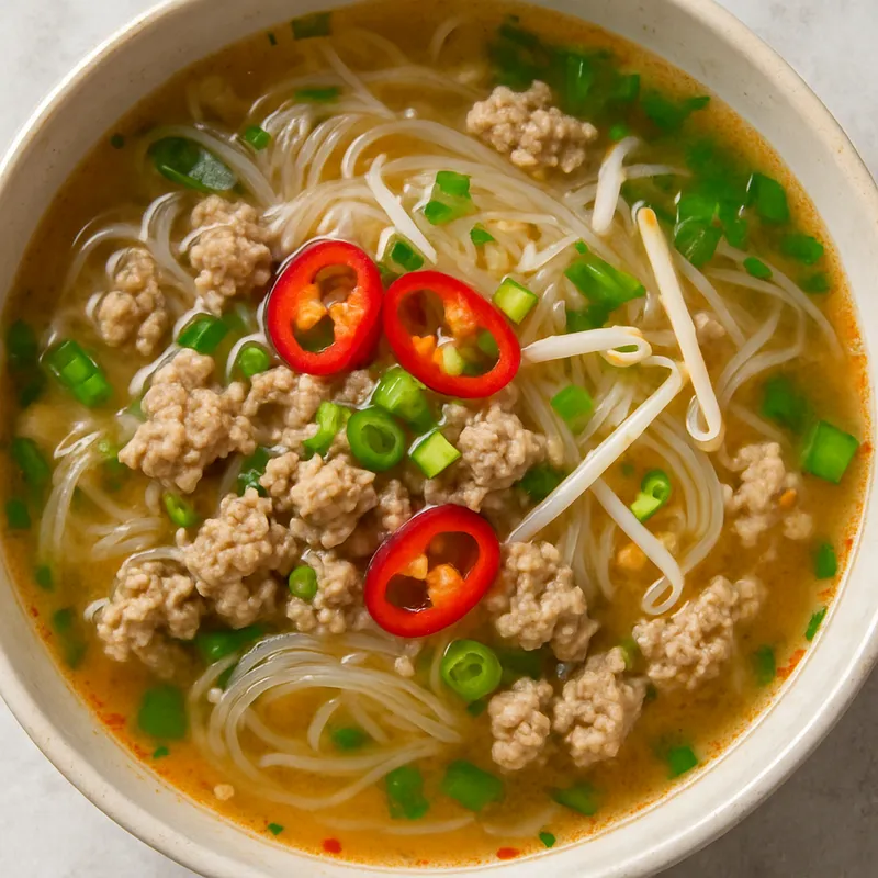 Tom Jeud Moo Sab Wun Sen (Würzige Thai-Suppe mit Hackfleisch und Glasnudeln)