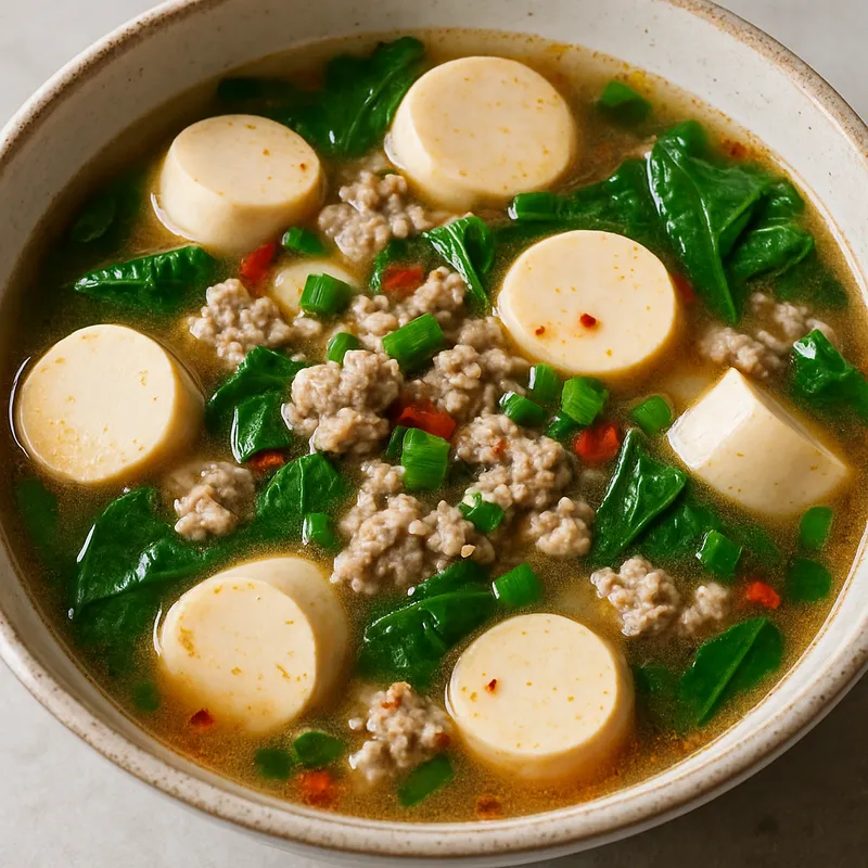 Tom Jeud Tao Hu Moo Sab (Würzige Tofu-Schweinefleisch-Suppe)