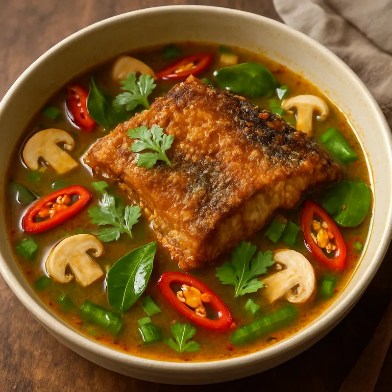 Tom Klong Pla Krop (Suppe mit knusprigem Fisch)