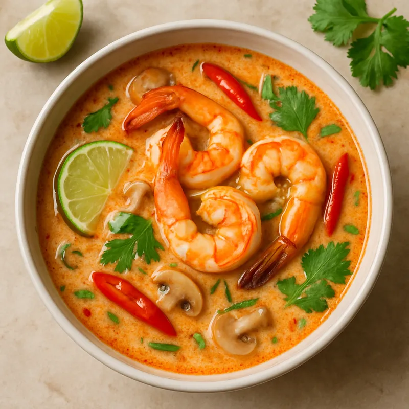 Tom Yum Nam Khon (Cremige Tom-Yum-Garnelensuppe)