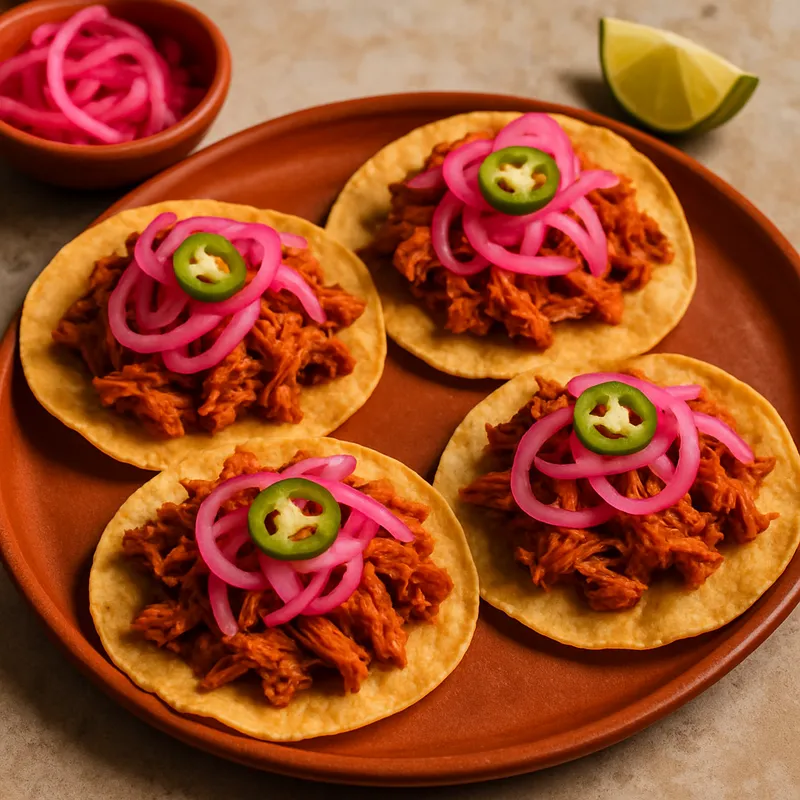 Tostadas mit Cochinita Pibil (Langsam gegarte Schweinefleisch-Tostadas nach Yucatan-Art)