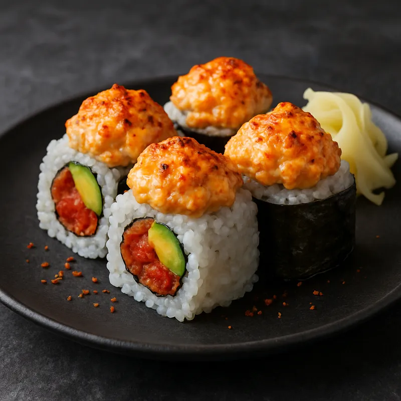 Volcano Roll (Scharfe Thunfisch-Avocado-Rolle mit überbackenem Lachs)