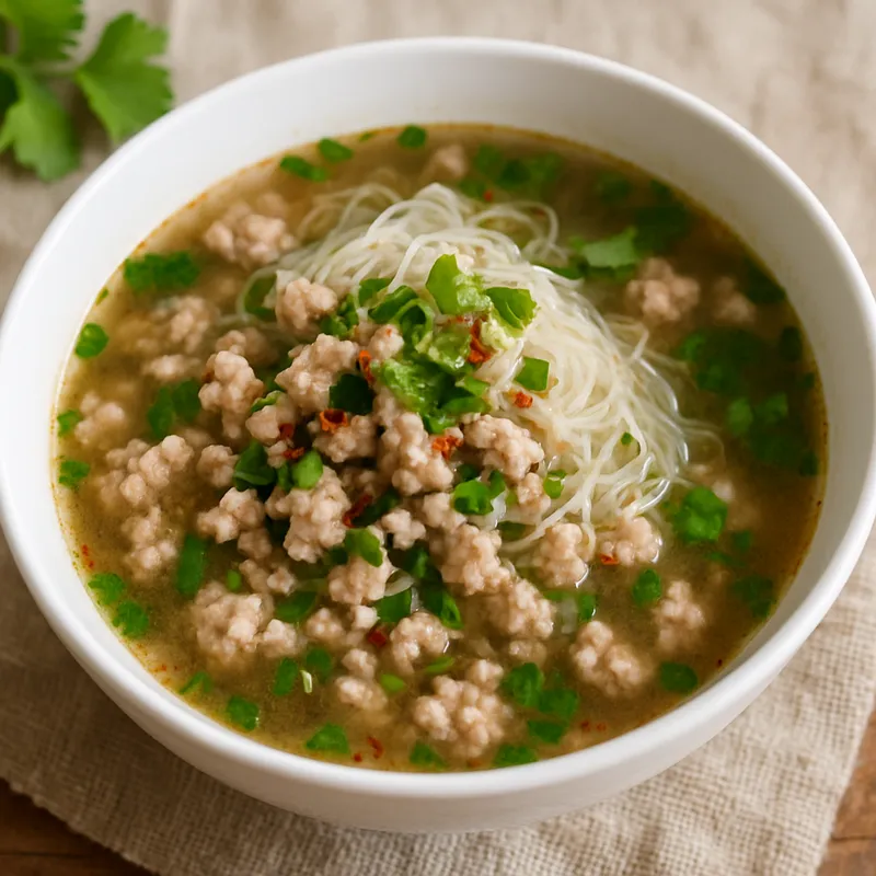 Wun Sen Moo Sab (Glasnudelsuppe mit würzigem Schweinefleisch)